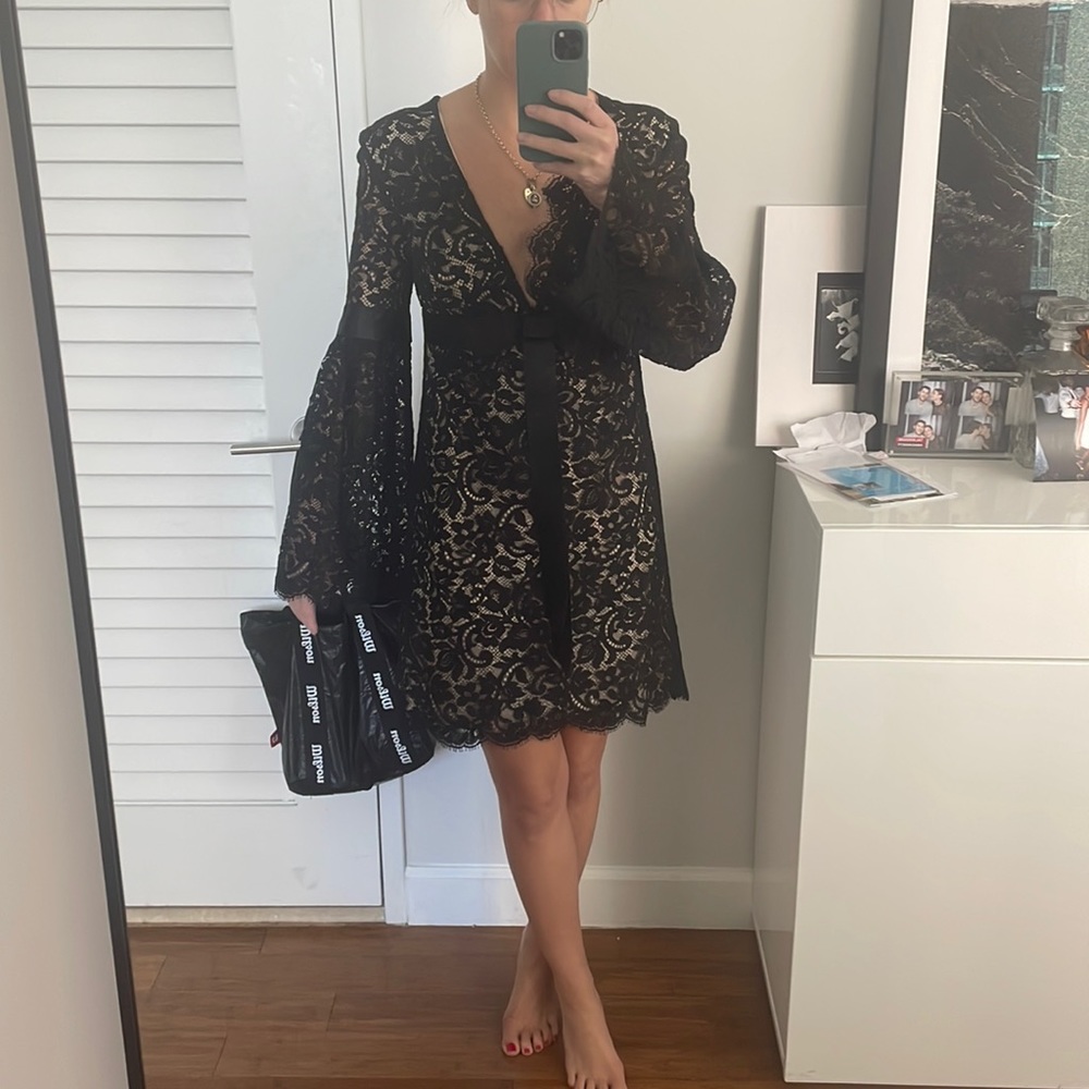 Michael Kors Black Lace Bell Sleeve Mini Dress